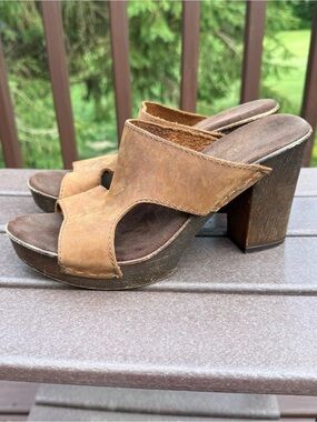 Vintage Women’s Brown Leather Suede Y2K Boho Platform Mule Block Heels Size 8